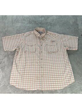 Columbia PFG Men's XL Tan Gray Plaid Vented Fishing Shirt Button Up Short Sleeve